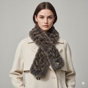 Real Fur Brown & Grey Pom Pom Long Scarf 53"